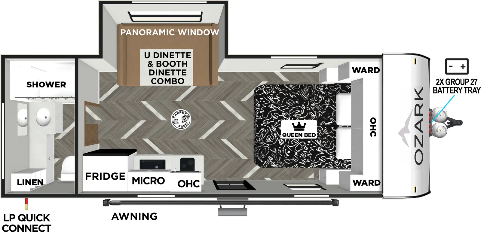The Ozark 1670RB floorplan has one entry and one slide out. Exterior features include: fiberglass exterior. Interiors features include: u-dinette, front bedroom and rear bathroom.